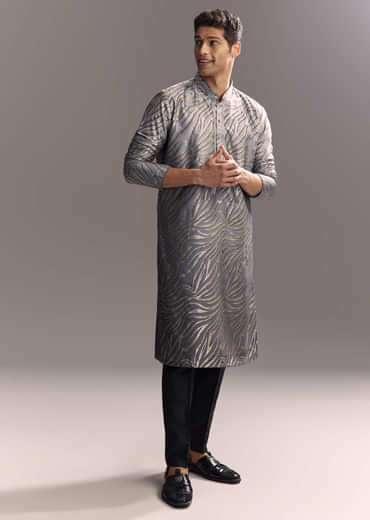 Grey Silk Printed Kurta Set For Men