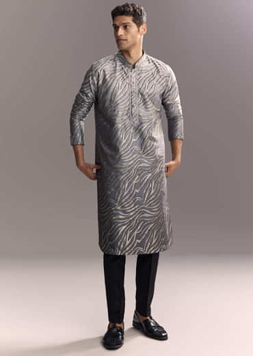 Grey Silk Printed Kurta Set For Men