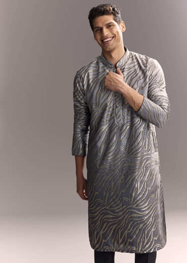 Grey Silk Printed Kurta Set For Men