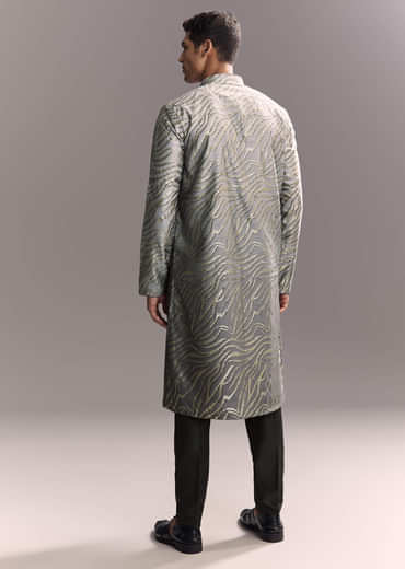 Grey Silk Printed Kurta Set For Men