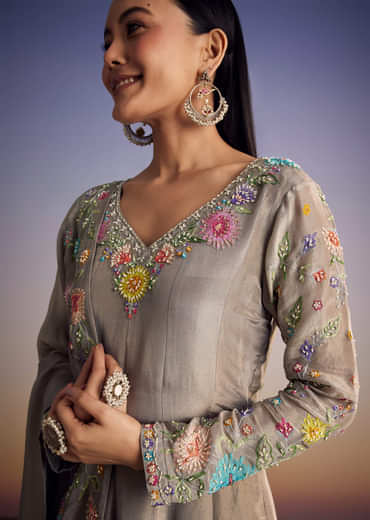 Grey Tissue Anarkali Set With Resham And Moti Work