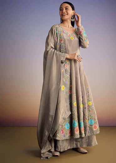 Grey Tissue Anarkali Set With Resham And Moti Work