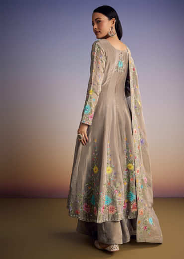 Grey Tissue Anarkali Set With Resham And Moti Work