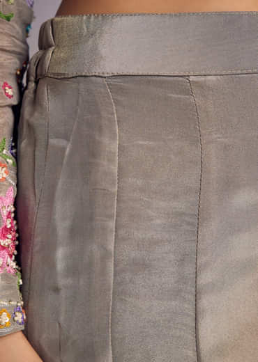 Grey Tissue Anarkali Set With Resham And Moti Work