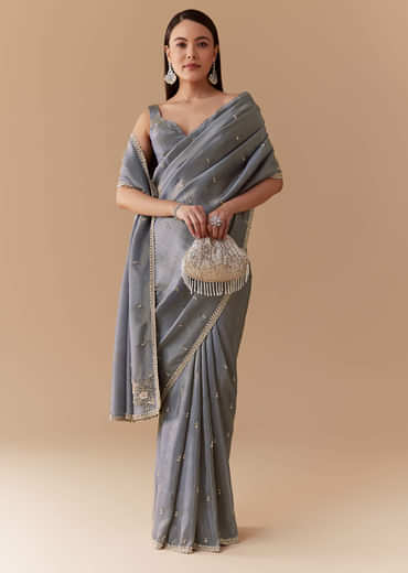 Grey Tissue Cutdana Embroidered Saree with Unstitched Blouse