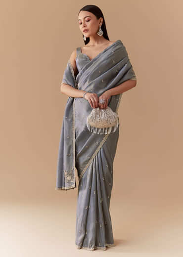 Grey Tissue Cutdana Embroidered Saree with Unstitched Blouse