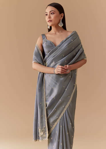 Grey Tissue Cutdana Embroidered Saree with Unstitched Blouse