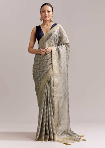 Grey Tissue Silk Woven Saree With Zig Zag Motif And Zari Border