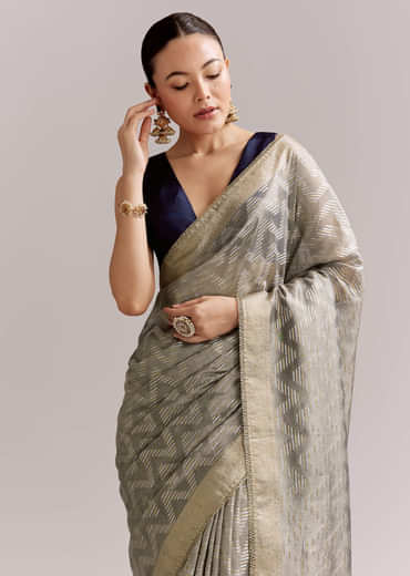 Grey Tissue Silk Woven Saree With Zig Zag Motif And Zari Border