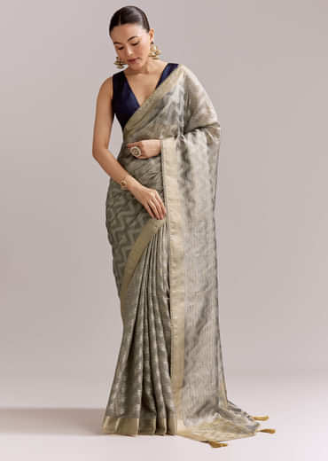 Grey Tissue Silk Woven Saree With Zig Zag Motif And Zari Border