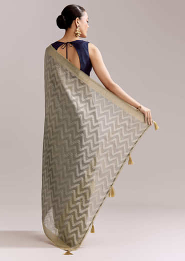 Grey Tissue Silk Woven Saree With Zig Zag Motif And Zari Border