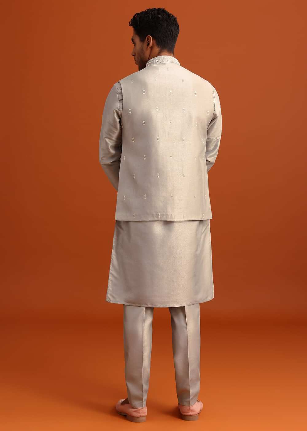 Grey Aari Embroidered Jacket Kurta Set