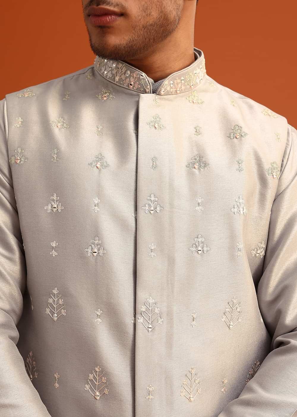 Grey Aari Embroidered Jacket Kurta Set