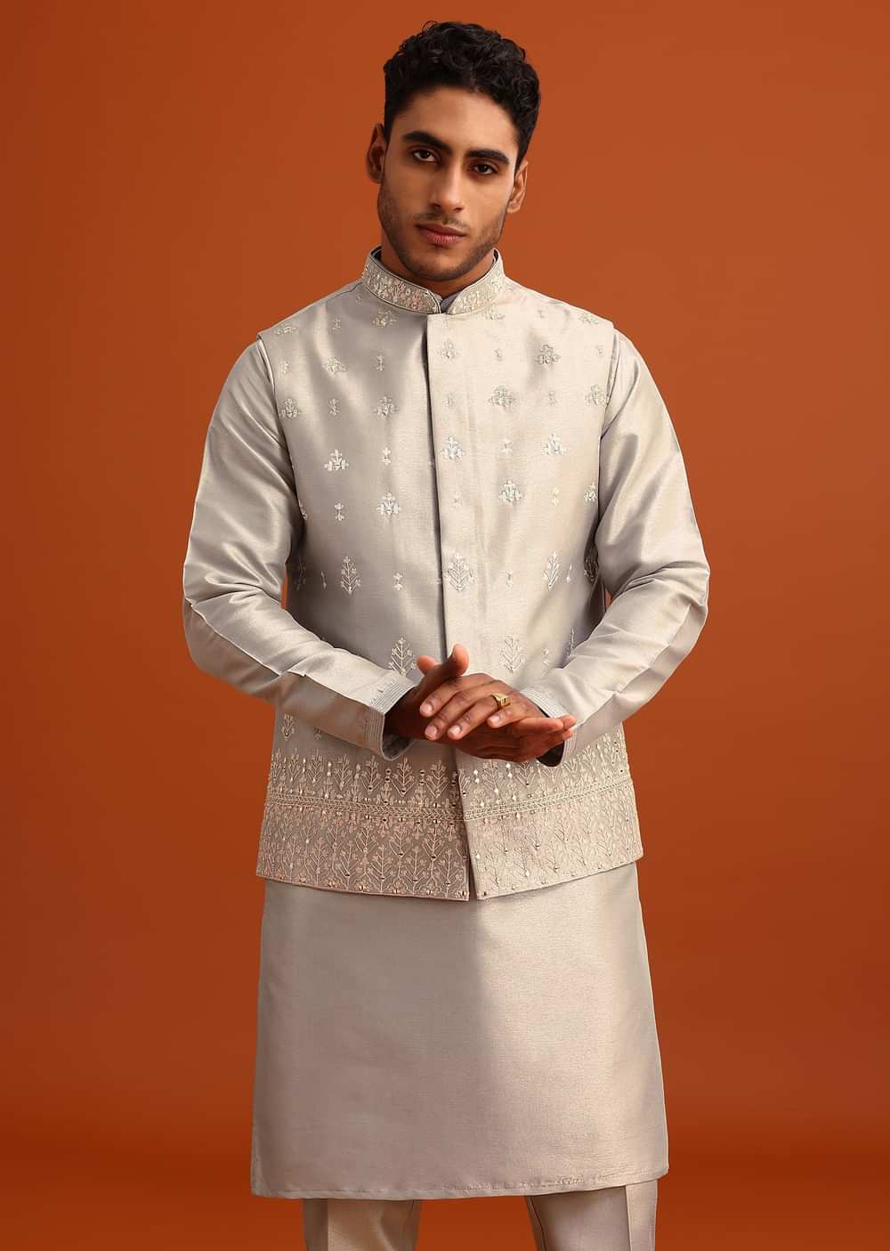 Grey Aari Embroidered Jacket Kurta Set