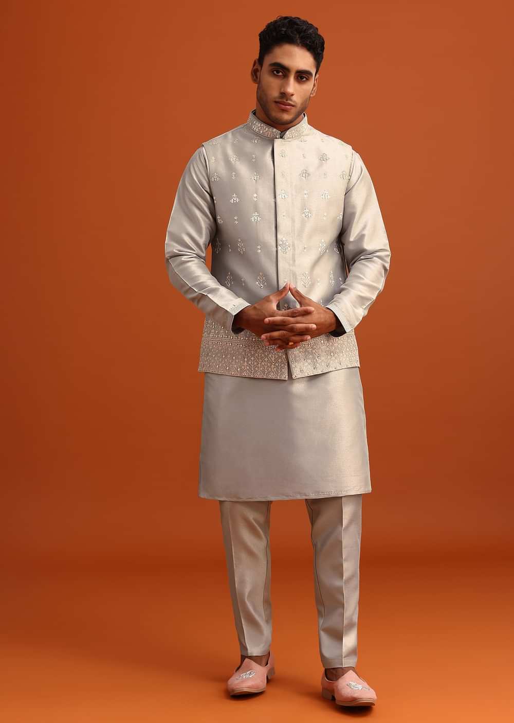 Grey Aari Embroidered Jacket Kurta Set