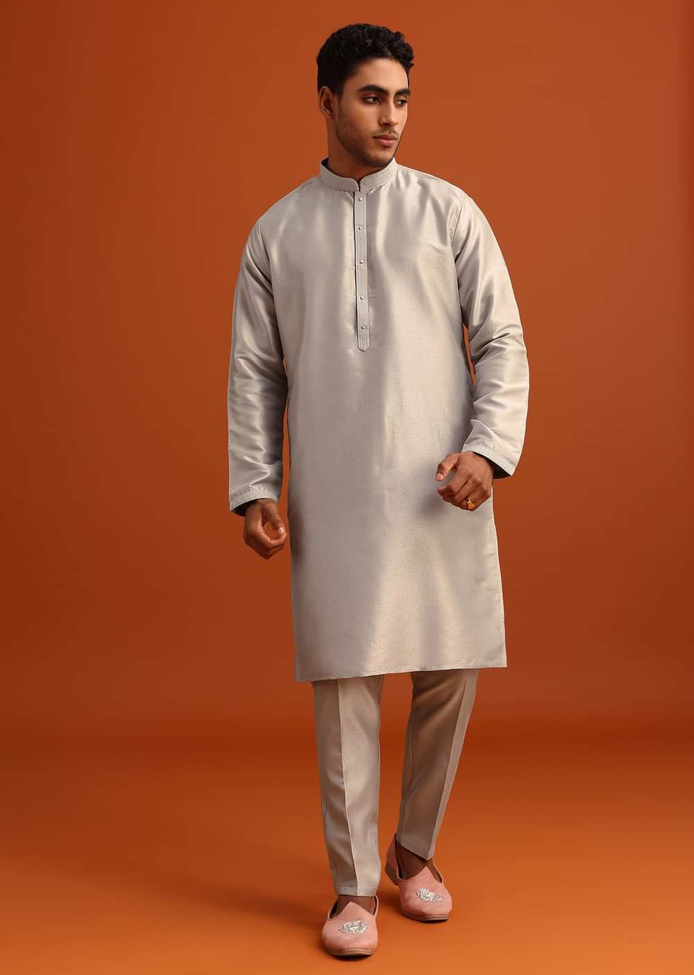 Grey Aari Embroidered Jacket Kurta Set