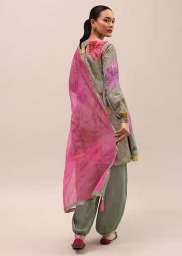 Grey And Pink Embroidered Kurta And Salwar With Dupatta