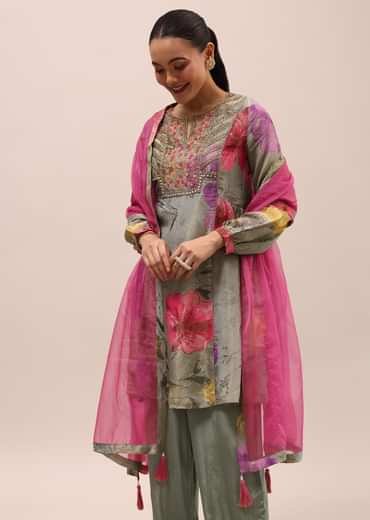 Grey And Pink Embroidered Kurta And Salwar With Dupatta