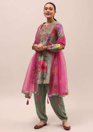 Grey And Pink Embroidered Kurta And Salwar With Dupatta