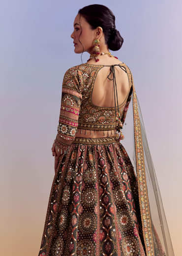 Grey And Red Crepe Printed Bridesmaid Lehenga With Heavy Embroidery