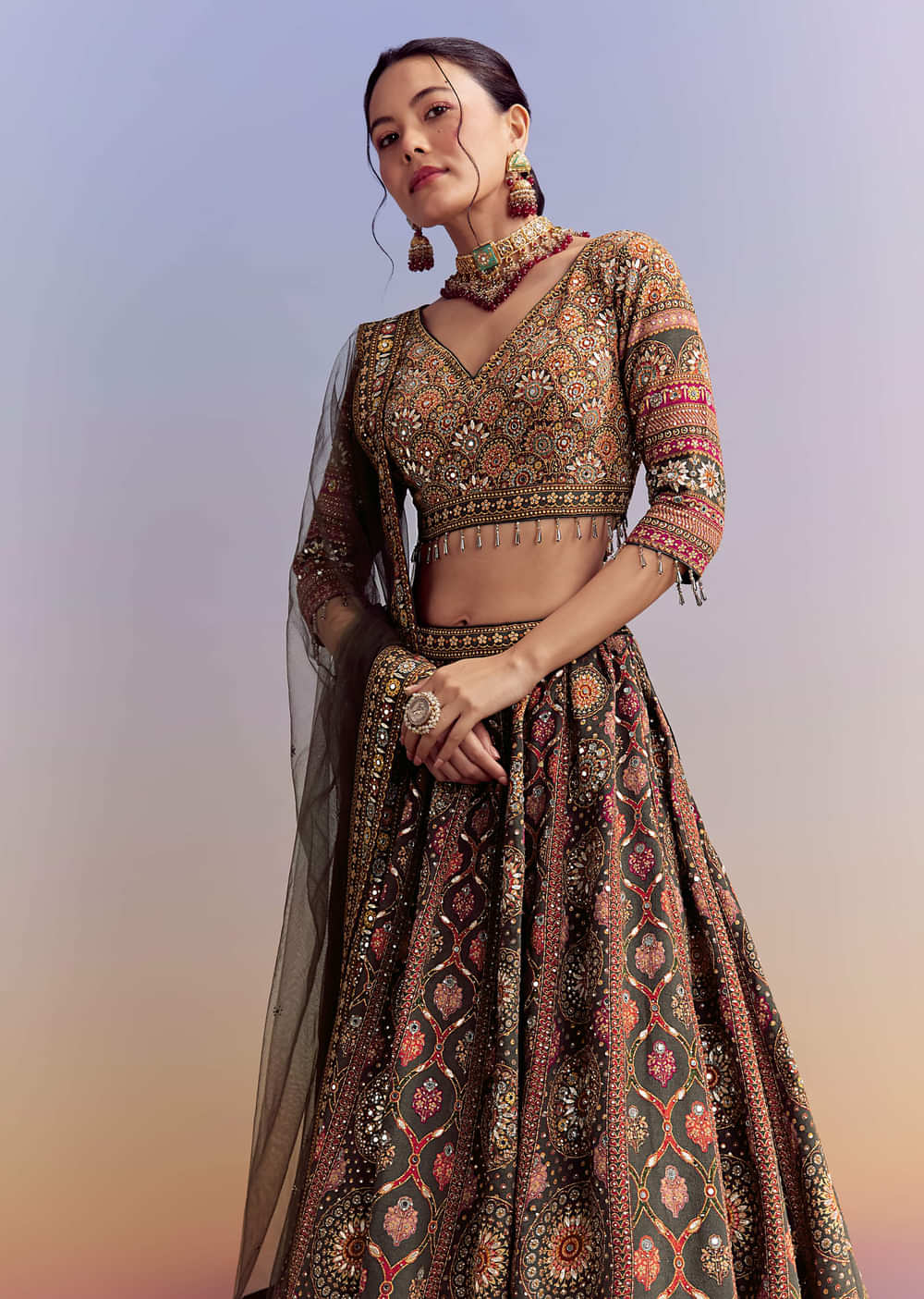 Grey And Red Crepe Printed Bridesmaid Lehenga With Heavy Embroidery