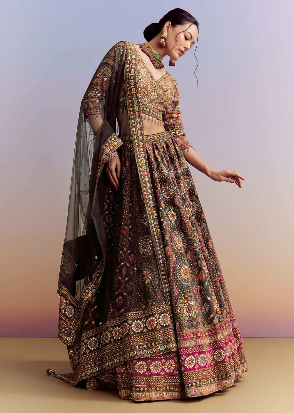 Grey And Red Crepe Printed Bridesmaid Lehenga With Heavy Embroidery