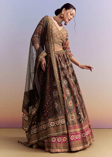 Grey And Red Crepe Printed Bridesmaid Lehenga With Heavy Embroidery