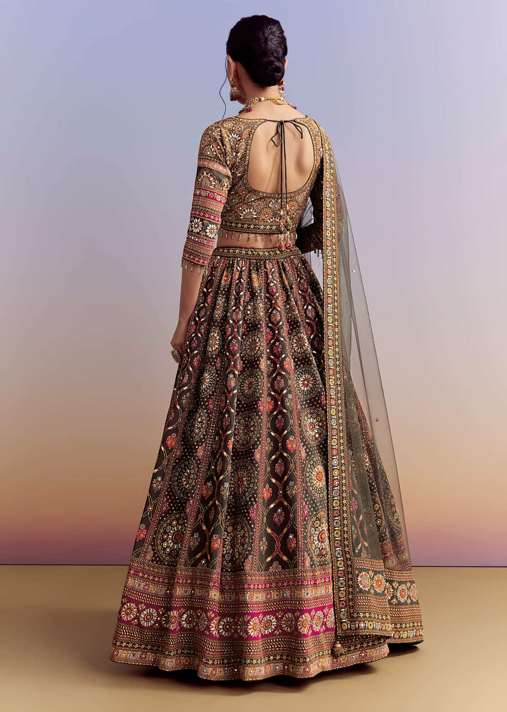 Grey And Red Crepe Printed Bridesmaid Lehenga With Heavy Embroidery