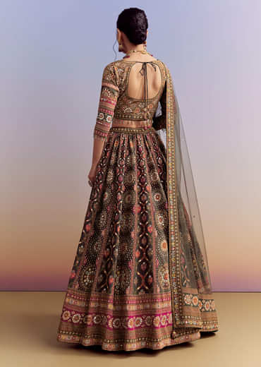 Grey And Red Crepe Printed Bridesmaid Lehenga With Heavy Embroidery