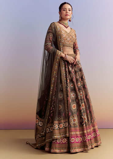 Grey And Red Crepe Printed Bridesmaid Lehenga With Heavy Embroidery