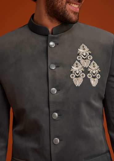Grey Bandhgala With Embroidered Crest