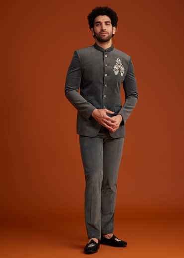 Grey Bandhgala With Embroidered Crest