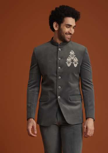 Grey Bandhgala With Embroidered Crest
