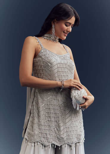 Grey Chinon Palazzo Suit With Cutdana And Moti Work