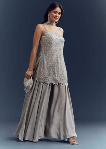 Grey Chinon Palazzo Suit With Cutdana And Moti Work