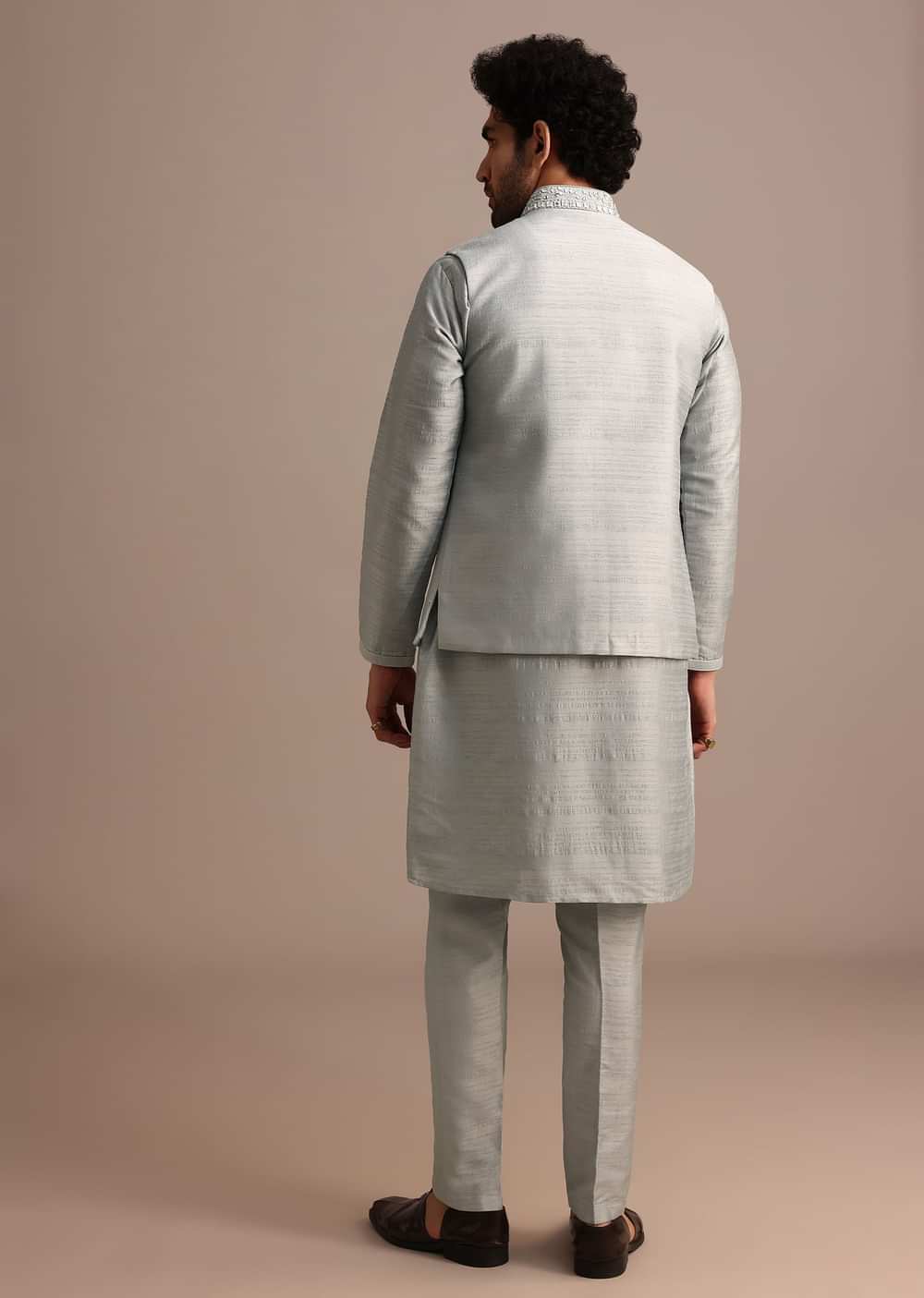 Grey Cotton Silk Kurta Jacket Set With Resham And Mirror Work