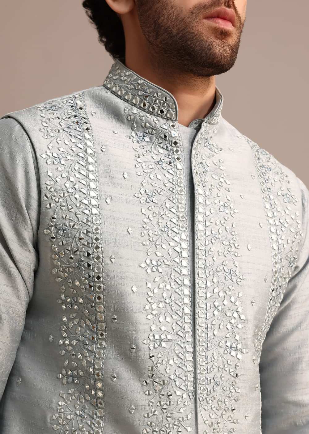 Grey Cotton Silk Kurta Jacket Set With Resham And Mirror Work