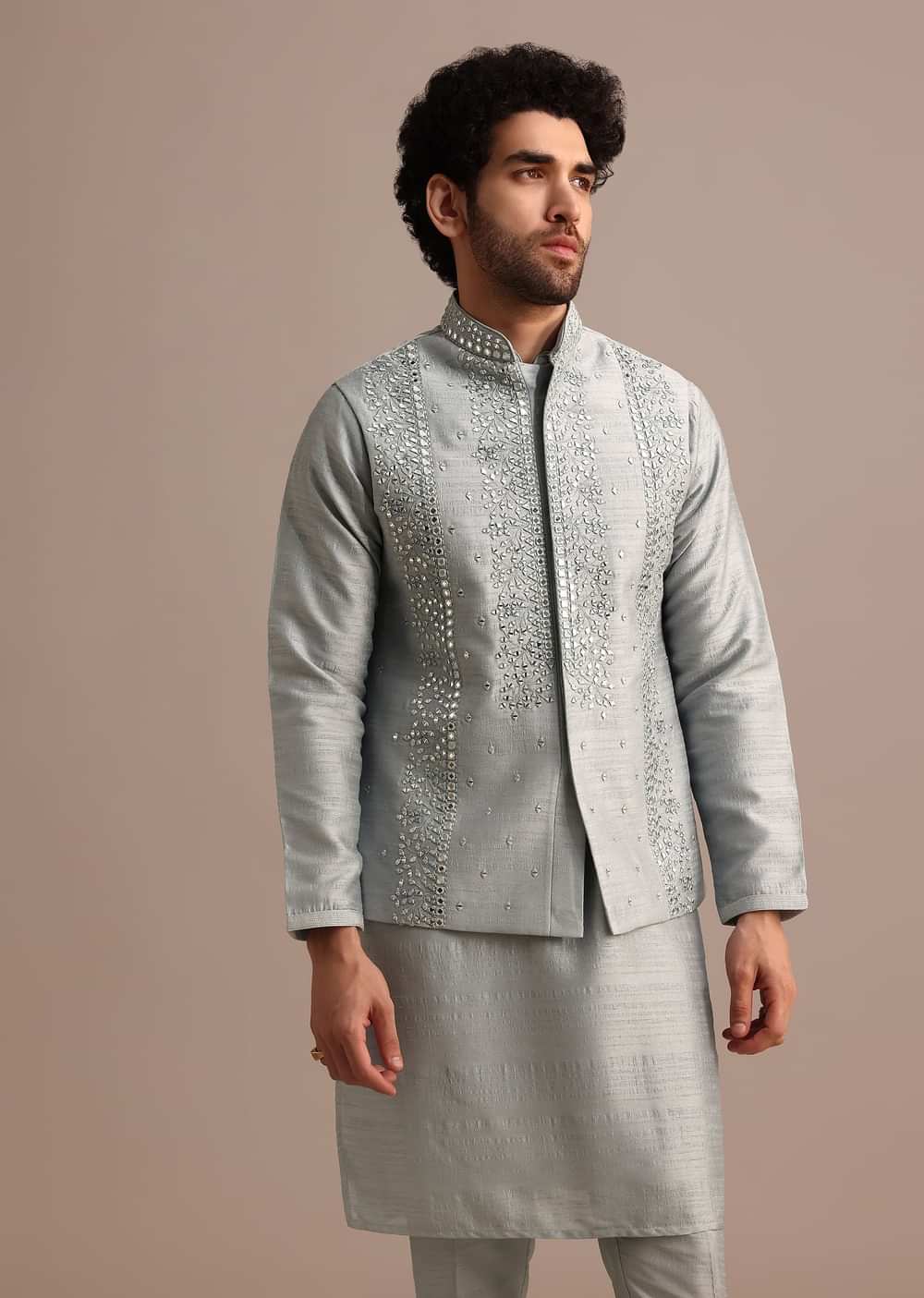 Grey Cotton Silk Kurta Jacket Set With Resham And Mirror Work
