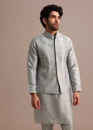 Grey Cotton Silk Kurta Jacket Set With Resham And Mirror Work