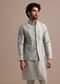Grey Cotton Silk Kurta Jacket Set With Resham And Mirror Work