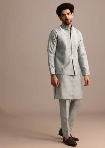 Grey Cotton Silk Kurta Jacket Set With Resham And Mirror Work