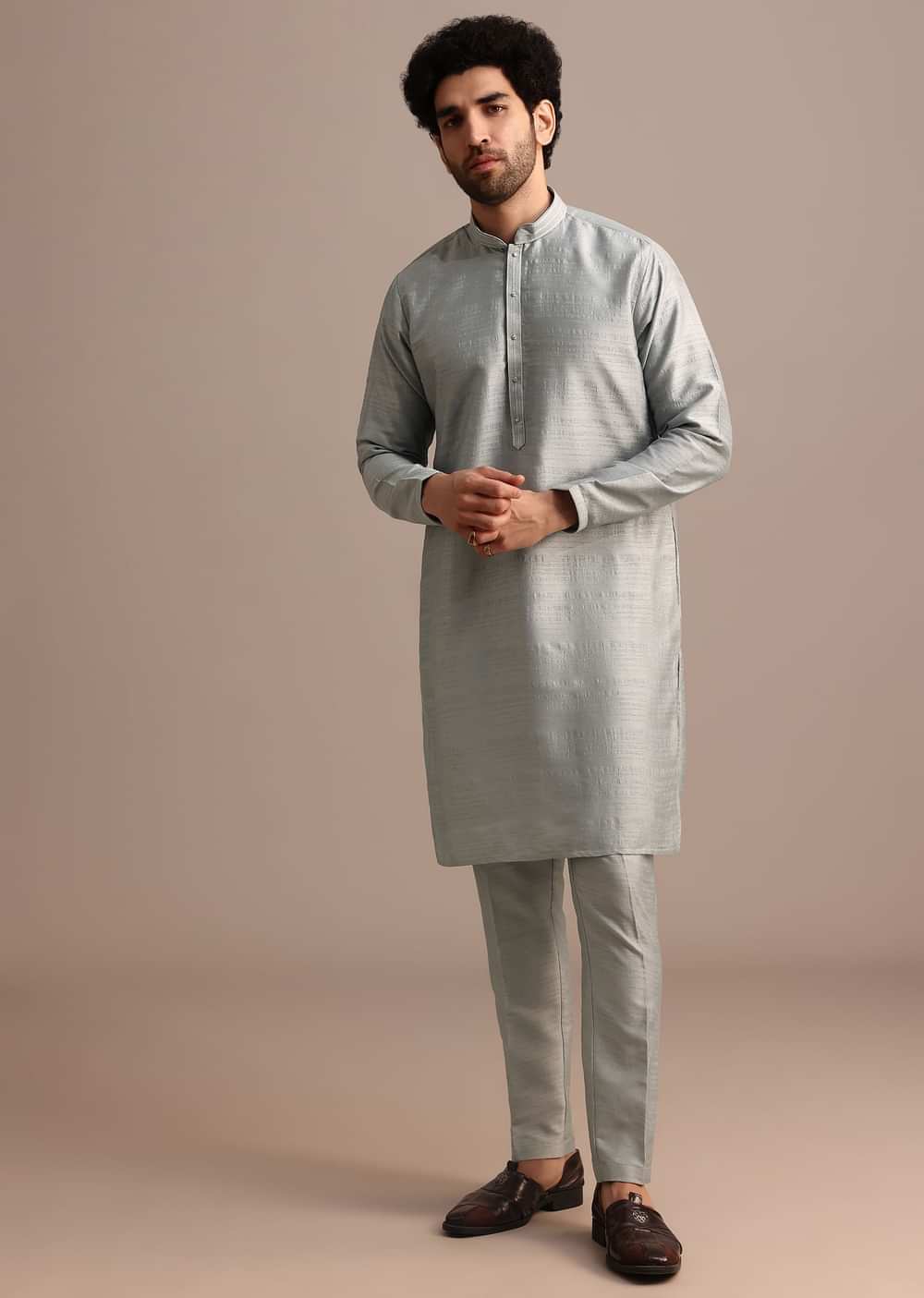 Grey Cotton Silk Kurta Jacket Set With Resham And Mirror Work