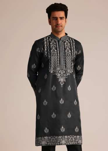 Grey Embroidered Full Sleeves Kurta Set