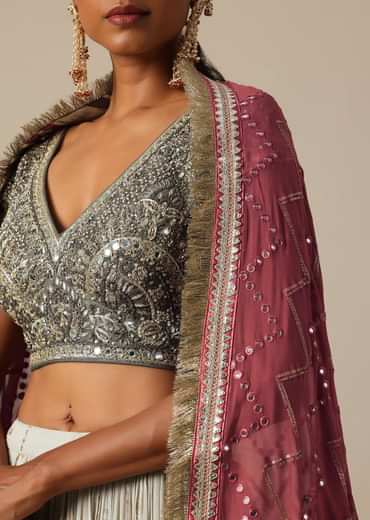 Grey Embroidered Lehenga Set With Zardozi Work