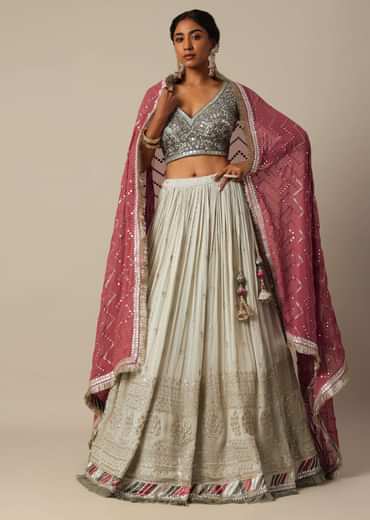 Grey Embroidered Lehenga Set With Zardozi Work