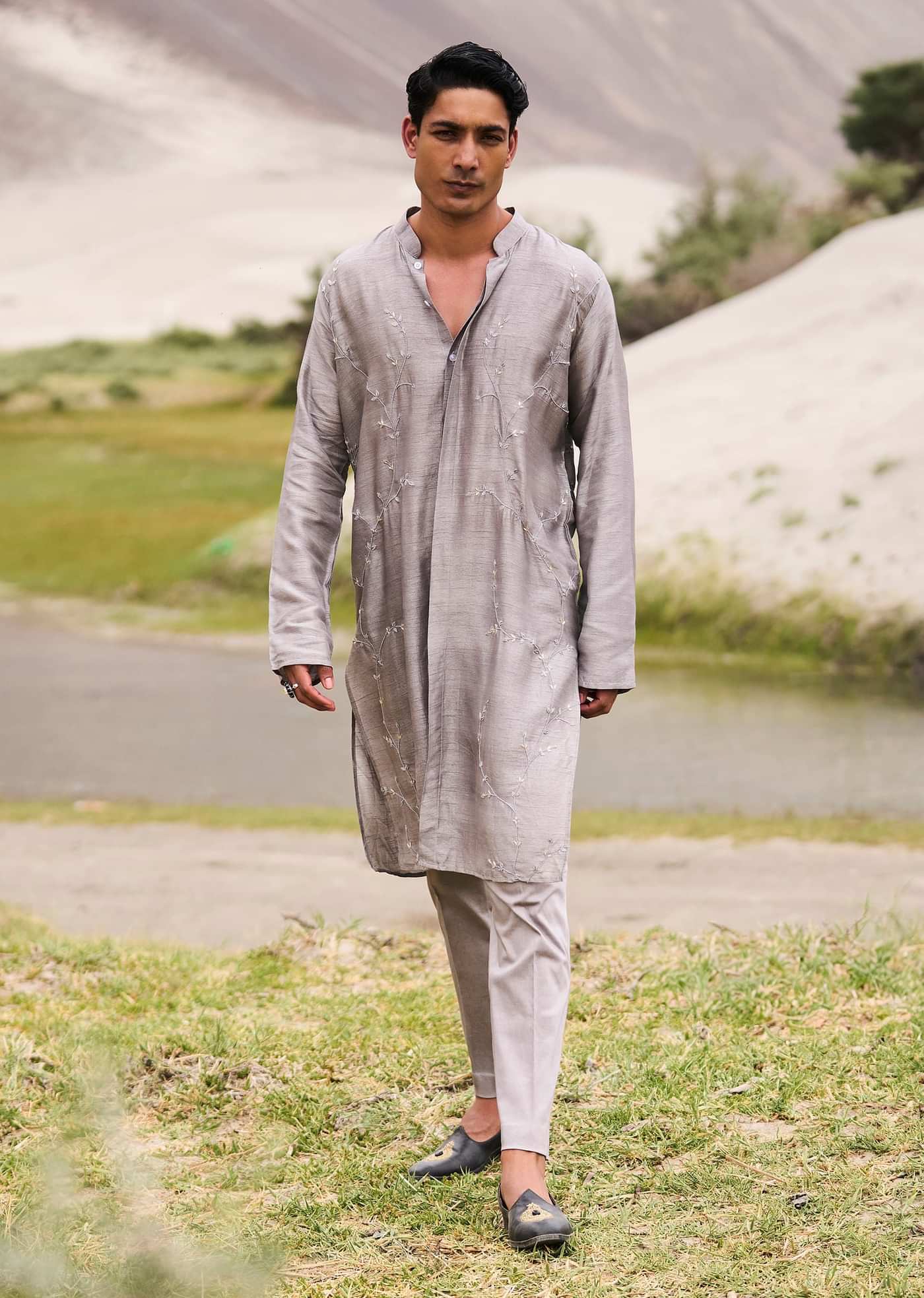 Grey Embroidered Linen Nawabi Suit