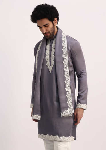 Grey Embroidered Men Kurta Set With Dupatta