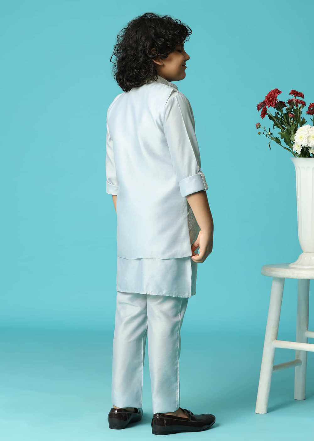 Grey Embroidered Silk Kurta Jacket Set For Boys