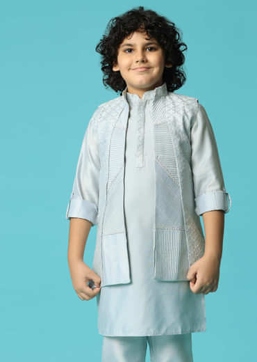 Grey Embroidered Silk Kurta Jacket Set For Boys