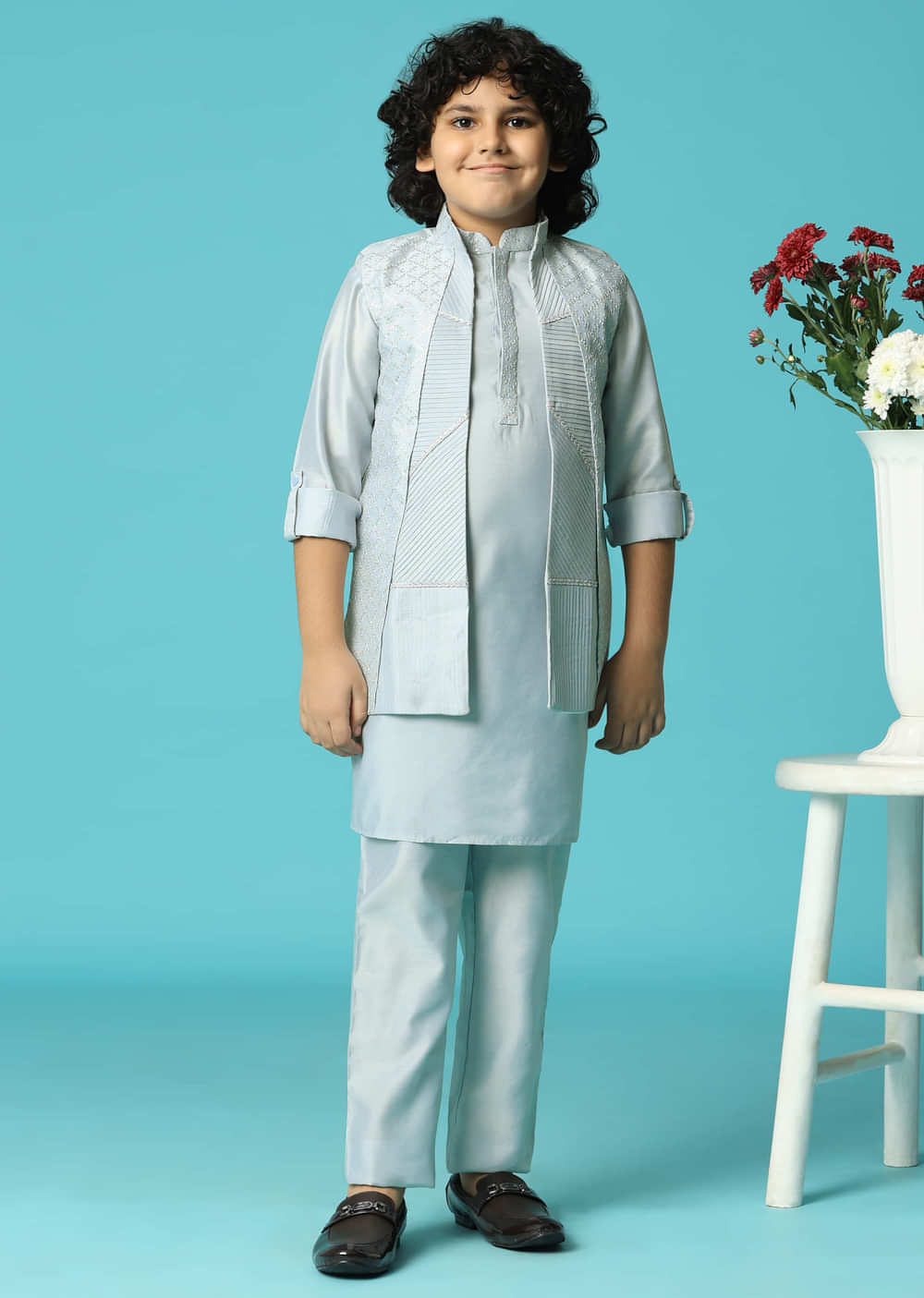 Grey Embroidered Silk Kurta Jacket Set For Boys